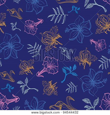 Vector Exotic Night Flowers Lineart Seamless Pattern
