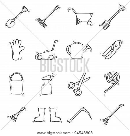 Set of cute hand drawn outline icons on garden theme