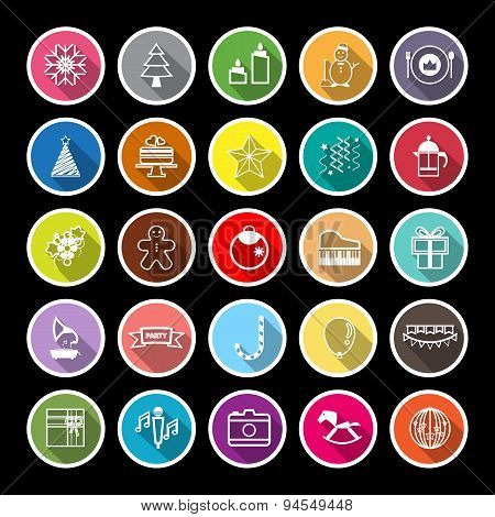 New Year And Christmas Line Flat Icons With Long Shadow