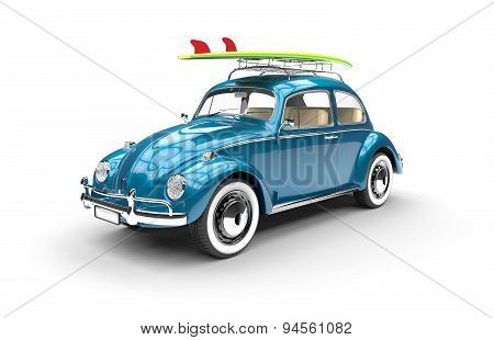 Old Blue Car With Surfboard