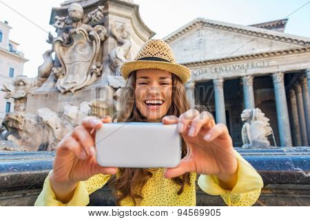 Happy Woman Laughing As She Is Checking Her Photo At Pantheon
