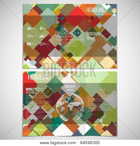 Vector set of tri-fold brochure design template on both sides with world globe element. Abstract col