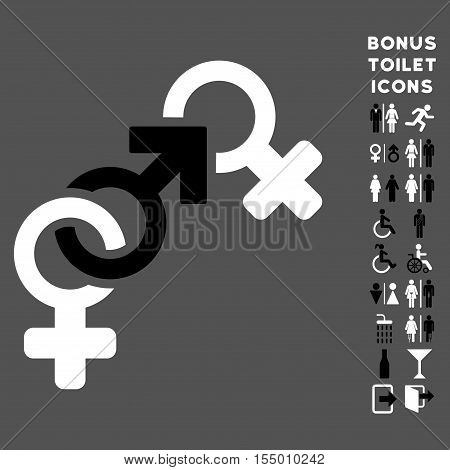 Faith Breach icon and bonus man and female toilet symbols. Vector illustration style is flat iconic bicolor symbols, black and white colors, gray background.