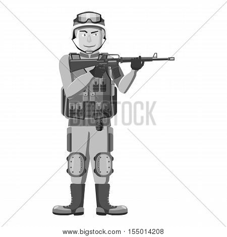 Infantryman with weapons icon. Gray monochrome illustration of infantryman with weapons vector icon for web
