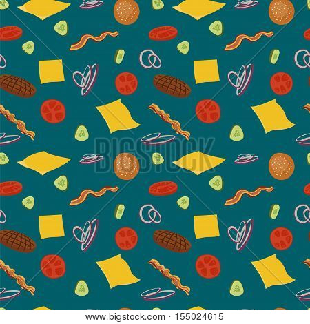 Hamburger seamless vector pattern. Burgers and ingredients for cheeseburger seamless background. Pattern with burgers on blue background.