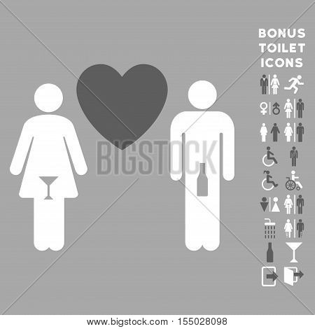 Drunky Love Pair icon and bonus male and lady toilet symbols. Vector illustration style is flat iconic bicolor symbols, dark gray and white colors, silver background.