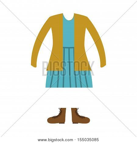 blue drees with yellow jacket and brown boots. casual girl kid clothes over white background. vector illustration