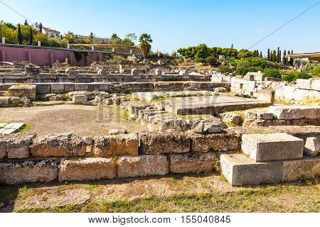 Ruins and part of old wall in ancient Kerameikos district in Athens, Greece