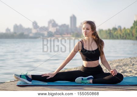 Finess Woman Rests During Training Workout Exercises Outdoor In Morning