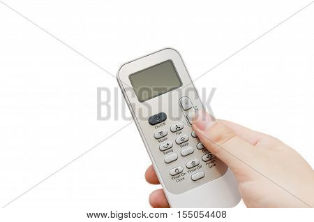 Hand holding remote control isolated on white. air conditioner remote control isolated concept