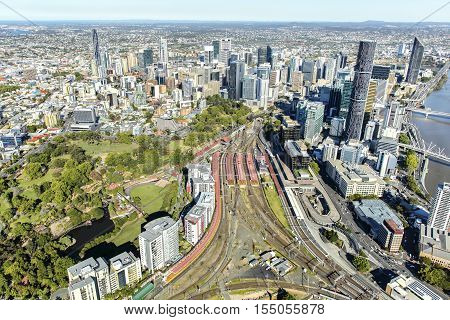 BRISBANE, AUSTRALIA - OCTOBER 18 2016: Brisbane CBD cityscape and Roma Street station, view form above