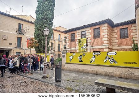 ALCALA DE HENARES, MADRID, SPAIN. November 5, 2016. view of the birthplace of Don Miguel de Cervantes Saavedra in the rain