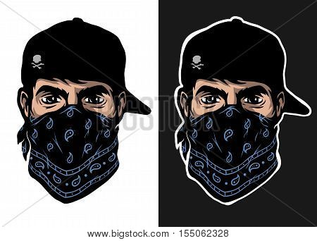 A guy in a baseball cap and bandana two options.