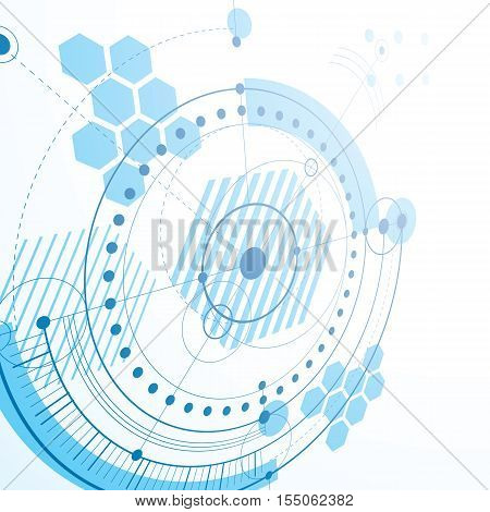 Geometric technology 3d vector drawing blue technical abstract scheme of engine or engineering mechanism.