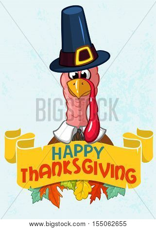 Happy thanksgiving turkey in pilgrim hat with autumn leaves retro vector card