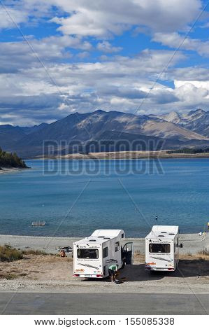 Tekapo, New Zealand - February 2016: Motorhome Parking By Lakeside At Lake Tekapo, South Island Of N