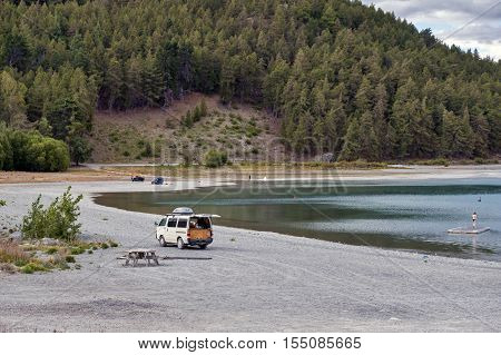 Tekapo, New Zealand - February 2016: Campervan Parking By Lakeside At Lake Tekapo, South Island Of N