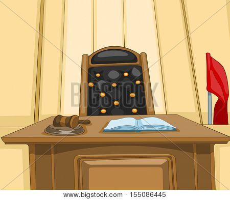 Hand drawn cartoon of court interior. Colourful cartoon of courtroom. Background of courtroom interior. Cartoon of empty courtroom with judge chair. Cartoon of courtroom with mallet on judge table.