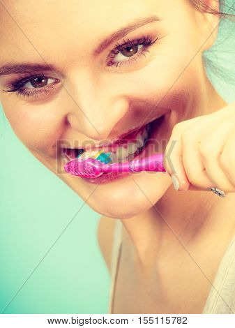 Woman Brushing Cleaning Teeth