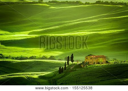 Green fields and meadows with agrotourism, Italy