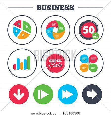 Business pie chart. Growth graph. Arrow icons. Next navigation arrowhead signs. Direction symbols. Super sale and discount buttons. Vector