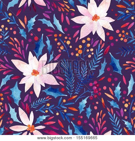 Watercolor ornate flowers holly seeds fur-tree twigs seamless pattern. Flourish background: detailed poinsettia petals leaves natural elements. Hand painted floral illustration for winter design