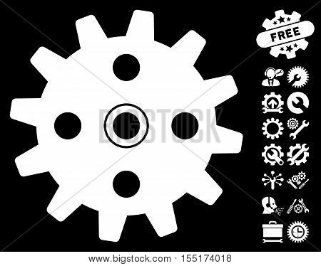 Cogwheel icon with bonus setup tools images. Vector illustration style is flat iconic symbols on white background.