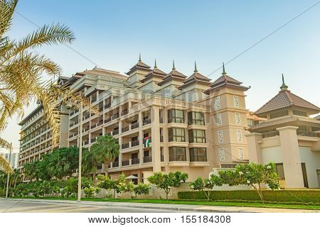 DUBAI, UAE - OCTOBER 11, 2016: A hotel front, Anantara, on the Palm Jumeirah Island on the Crescent.  The Palm Jumeirah is an artificial archipelago created using reclaimed land