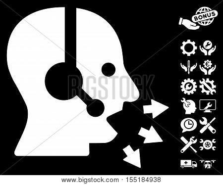 Operator Speak icon with bonus tools pictograms. Vector illustration style is flat iconic white symbols on black background.
