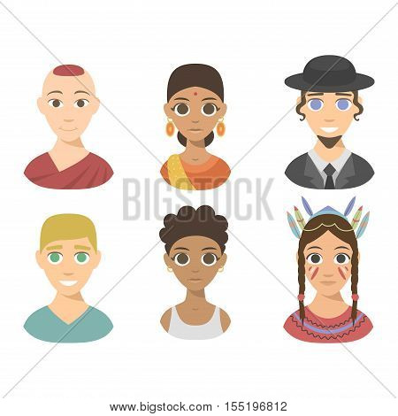 Group people nationality race at work teamwork avatars. Flat design characters people nationality race. Set diverse avatars people nationality race. Different nationalities, clothes and hair styles.