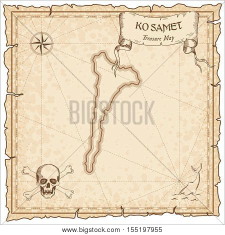 Ko Samet Old Pirate Map. Sepia Engraved Parchment Template Of Treasure Island. Stylized Manuscript O