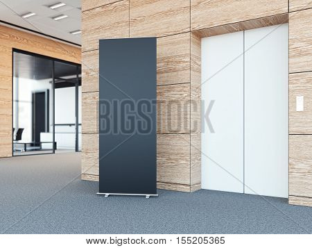 Blank roll up bunner in the modern office lobby with wooden walls. 3d rendering