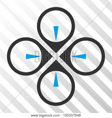 Fly Drone vector icon. Illustration style is flat iconic bicolor blue and gray symbol on a hatched transparent background.