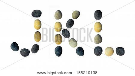 JKL letters made of pebbles on a white background.