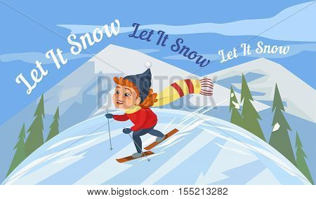 Cartoon skiing girl on snowy hill. Happy Kid icon. Cute smiling happy child on ski enjoy winter outdoors sport in mountain resort. Idea to advertise active lifestyle. Vector season greeting card