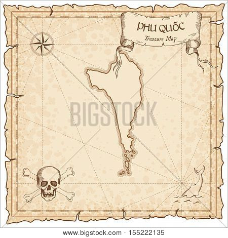 Phu Quốc Old Pirate Map. Sepia Engraved Parchment Template Of Treasure Island. Stylized Manuscript O