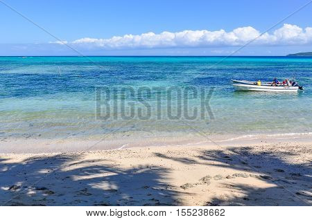 NACULA ISLAND, FIJI - AUGUST 24, 2012: Boat on the beach in Nacula Island part of the Yasawa Island group in Fiji