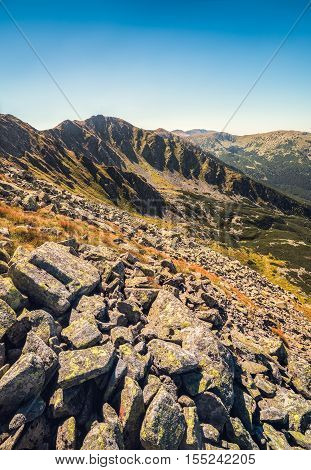 Mountain Landscape on Sunny Day with Rocks in Foreground. Mount Derese Low Tatras Mountain Slovakia.