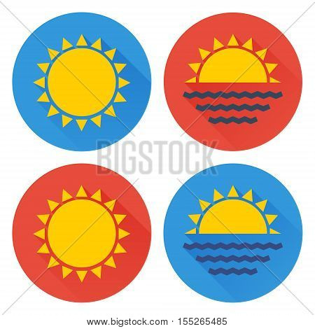 Flat sun icon set. Vector illustration of sun sunrise and sunset. Flat style sun icons isolated on white background
