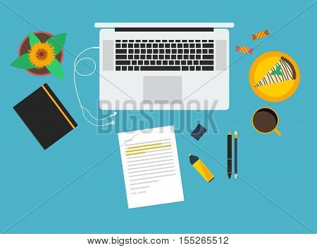 Workspace flat vector illustraion. Desk scenery with stationary objects laptop earphones flower cake sweets and coffee.