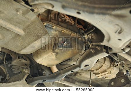 Selective focus on the crankcase of diesel engine truck