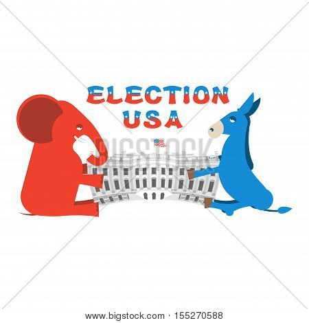 Elephant and Donkey divide White house. Republicans and Democrats share authority.
