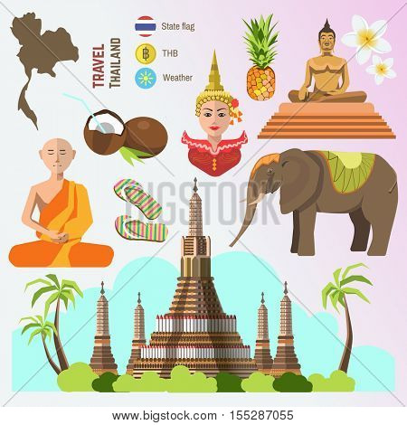 Set of Thailand travel symbols and Bangkok landmarks. Thai culture flat vector illustrations. Collection tourism icons: elephant and monk, Golden Buddha and temple, flower and pineapple, flag and map.