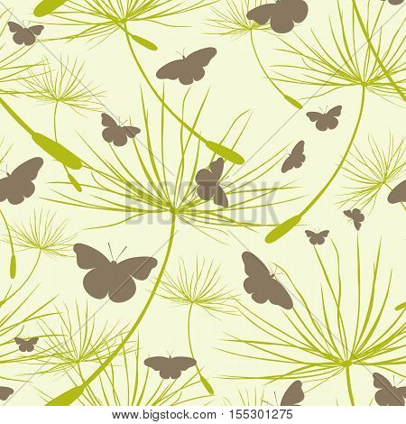 Seamless pattern with butterflies and dandelion seeds isolated on background.