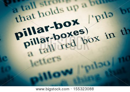 Close Up Of Old English Dictionary Page With Word Pillar Box