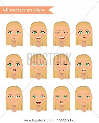 girl emotion face expression icons and beauty girl emotion face vector. Isolated set of Human emotion face avatar expressions face emotions vector illustration. woman emotion face set.