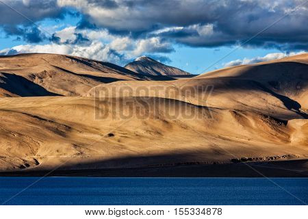 Himalayas and Himalayan mountain lake Tso Moriri on sunset. Korzok, Changthang area, Ladakh, Jammu and Kashmir, India