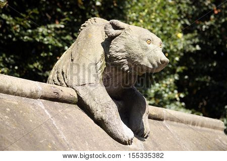 Cardiff, Wales, UK , September 14, 2016 :  Bear Sculpture from the Animal Wall of Cardiff Castle in Castle Street which is one of the cities most popular visitor attractions