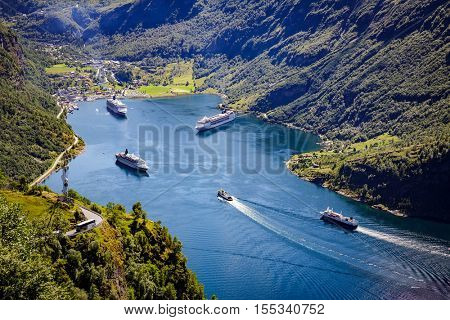 Geiranger fjord, Beautiful Nature Norway. It is a 15-kilometre (9.3 mi) long branch off of the Sunnylvsfjorden, which is a branch off of the Storfjorden (Great Fjord).