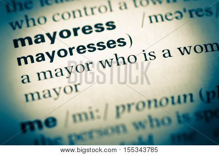Close Up Of Old English Dictionary Page With Word Mayoresses